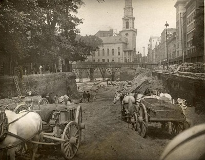 Workers building the Boston subway in 1895