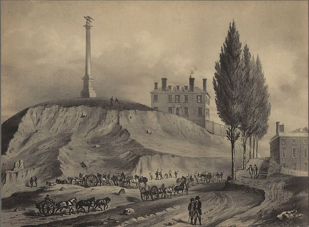 Lithograph of workers cutting down Beacon Hill behind the State House by J.H. Bufford & Co circa 1898