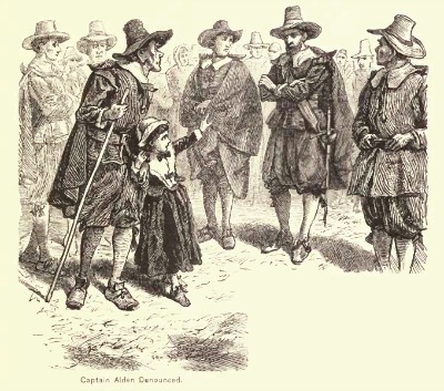 "Captain Alden Denounced," illustration published in A Popular History of the United States, Vol 2, circa 1878