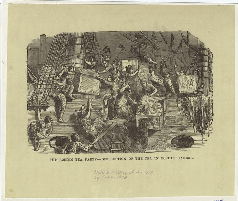 "The Boston Tea Party destruction of the tea in Boston Harbor" Illustration published in A Child's History of the United States circa 1872