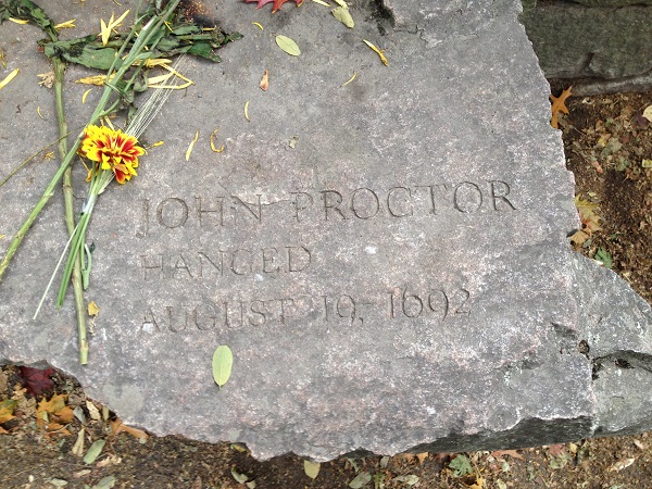John Proctor's Memorial Marker, Salem Witch Trials Memorial, Salem Mass, November 2015. Photo Credit: Rebecca Brooks