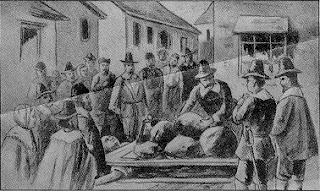 "Giles Corey's Punishment and Awful Death," illustration published in "Witchcraft Illustrated" by Henrietta D. Kimball in 1892