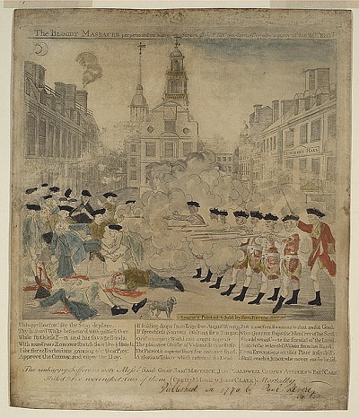 "The Bloody Massacre Perpetrated in King Street, Boston on March 5th 1770 by a Party of the 29th Regt," engraving of the Boston Massacre by Paul Revere, circa 1770