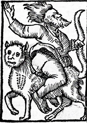 Woodcut of a witch riding a cat