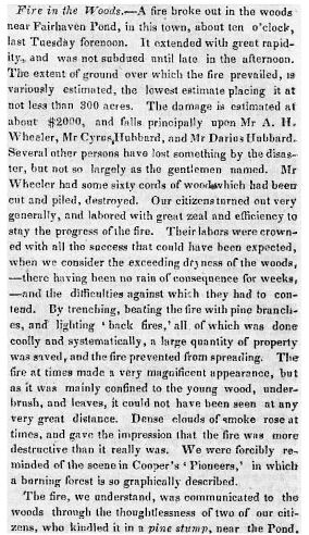 Article in The Concord Freeman about the forest fire set by Henry David Thoreau, circa May 3, 1844