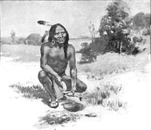 Squanto teaching the pilgrims how to plant maize, illustration published in The Teaching of Agriculture in High School, circa 1911