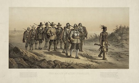 "The March of Miles Standish" lithograph by Joseph E Baker circa 1873