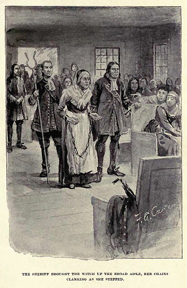 "The Sheriff brought the witch up the broad aisle, her chains clanking as she stepped." illustration of Rebecca Nurse by Freeland A. Carter published in "The Witch of Salem, or Credulity Run Mad" by John R. Musick circa 1893.