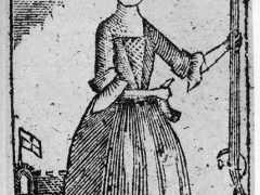 Woodcut of an armed female combatant from "A New Touch on the Times" circa 1779