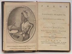 Illustration of Phillis Wheatley by Scipio Moorhead published in her book "Poems on Various Subjects" circa 1773