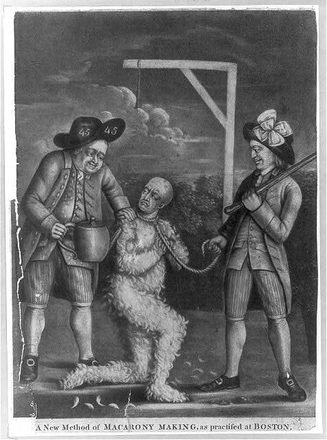 "A New Method of Macarony Making, as Practised at Boston," print, circa 1774. Print shows two men tarring and feathering a British customs officer and forcing him to drink tea. The man holding the teapot is wearing a hat with number 45 on it, a symbol referring to the John Wilkes case of 1763. The other man is holding a noose and carrying a club. The large bow in his hat indicates his membership in the Sons of Liberty.
