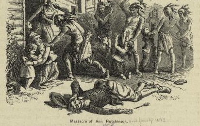 "Massacre of Anne Hutchinson," illustration published in A Popular History of the United States, circa 1878