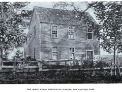 "The House Where Witchcraft Started," photo of the Salem Village Parsonage, home of Samuel Parris, Danvers, Mass, published in Witchcraft Illustrated by Henrietta D. Kimball, circa 1892. This house is actually just an addition that was added to the parsonage house in 1734. The original parsonage house was torn down in 1784 and this addition was then moved to Sylvan Street in Danvers.