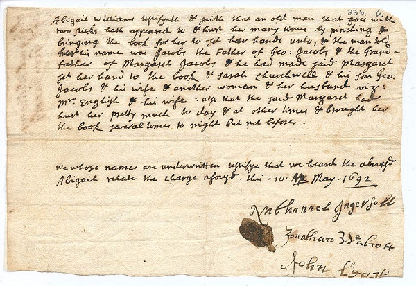 Abigail Williams' testimony against George Jacobs, Jr, circa May 1692