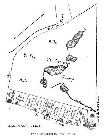 Map of Higginson property near Salem Common, Salem, Mass, circa 1700, illustration published in the Essex Antiquarian, Volume 9, circa 1905
