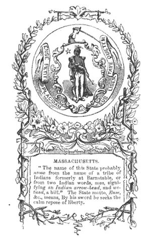 Origins of the Massachusetts name, illustration published in A Pictorial School History of the United States, circa 1877
