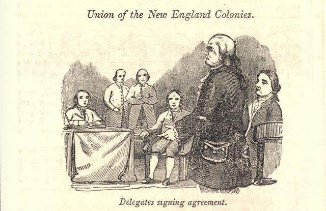 "Delegates Signing Agreement," New England Confederation, illustration published in a Pictorial History of the United States circa 1857