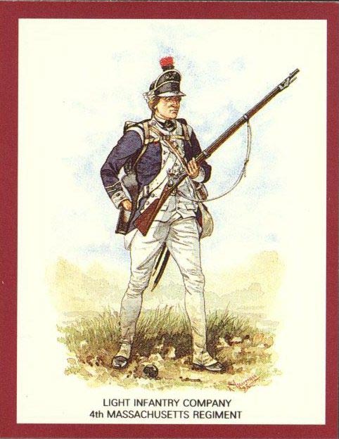 4th Massachusetts Regiment, Illustration by R. J. Marrion for the Uniforms of the American War of Independence, a series of 24 collector cards