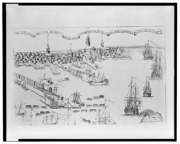 The town of Boston in New England and British ships of war landing their troops! 1768, illustration by Paul Revere, circa 1770