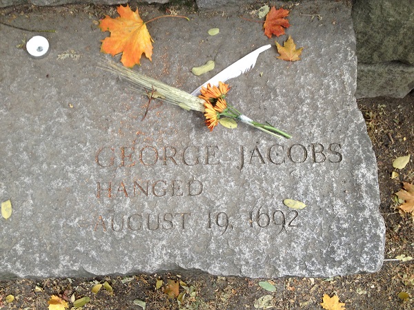 George Jacobs, Sr's., Memorial Marker, Salem Witch Trials Memorial, Salem Mass, November 2015. Photo Credit: Rebecca Brooks