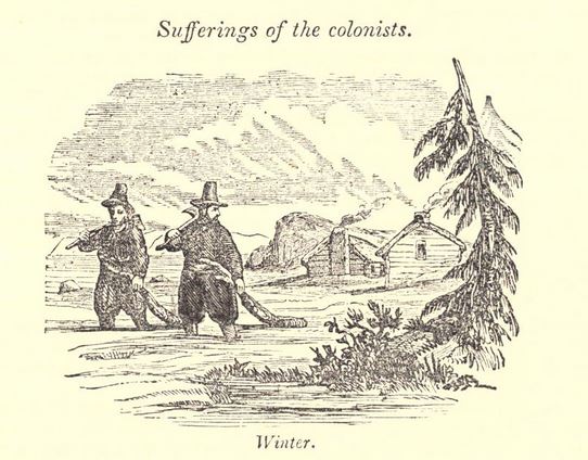 "Suffering of the colonists. Winter." Illustration published in A Pictorial History of the United States circa 1852
