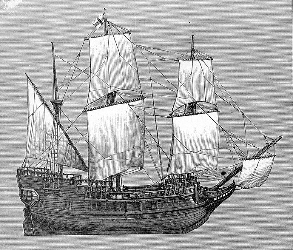 The Mayflower, illustration published in A School History of the United States, circa 1897