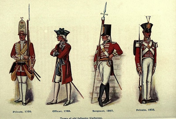 Types of infantry uniforms of the British army, illustration published in Regimental Nicknames and Traditions of the British Army, circa 1916
