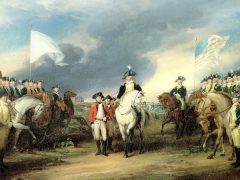 "Surrender of Cornwallis at Yorktown" by John Trumball circa 1819-20. Painting depicting the British surrendering to French and American troops in Yorktown.