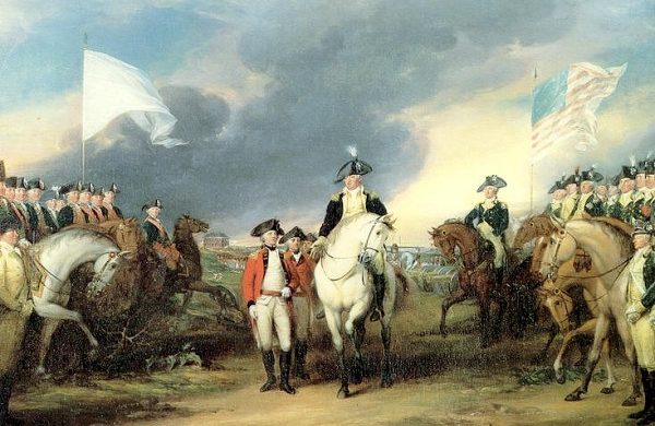 "Surrender of Cornwallis at Yorktown" by John Trumball circa 1819-20. Painting depicting the British surrendering to French and American troops in Yorktown.