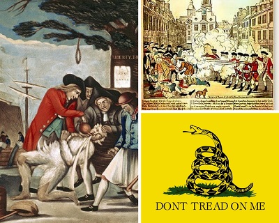Left: "The Bostonians Paying the Excise-man, or Tarring and Feathering," British print published in 1774. Top Right: Paul Revere's Boston Massacre Engraving. Bottom Right: The Gadsden Flag.