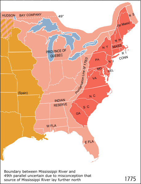 The thirteen colonies (shown in red) in 1775.