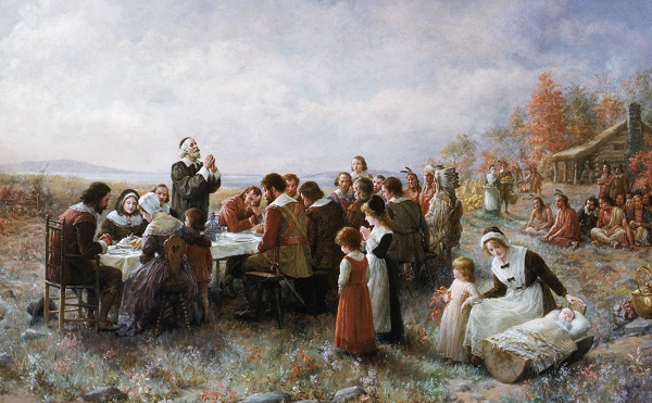"First Thanksgiving at Plymouth" oil painting by Jennie A. Brownscombe, circa 1914