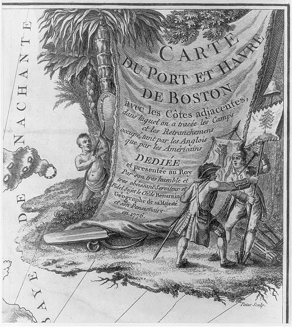 A Tory and a patriot wrestle over a liberty tree banner while a Native watches, illustration depicts British and American struggle for land ownership in North America, published in Paris, circa 1776