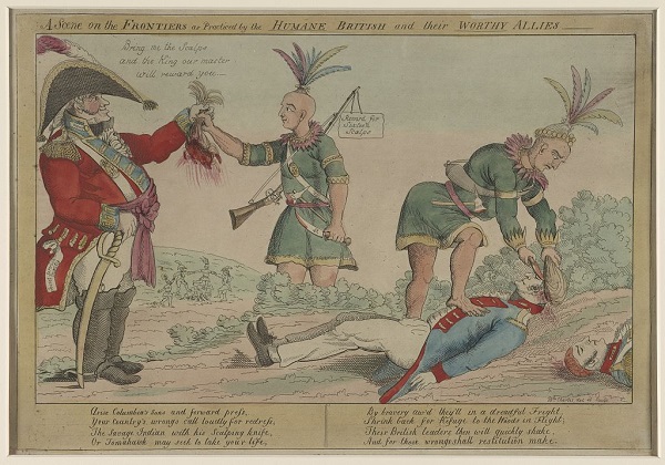 A scene on the frontiers as practiced by the humane British and their worthy allies, illustration by William Charles, published in Philadelphia circa 1812