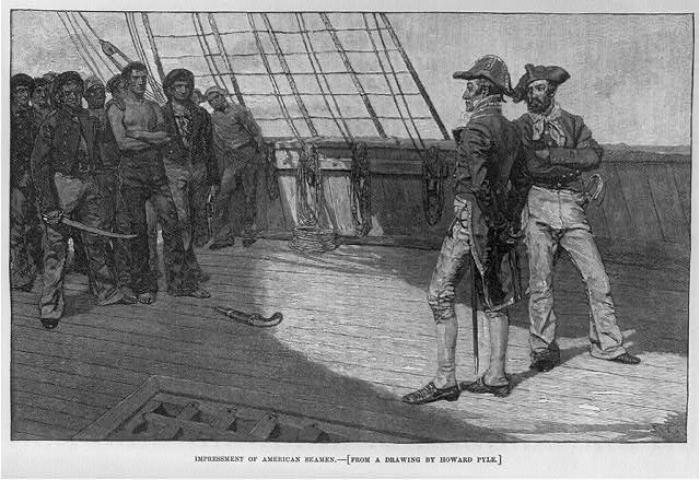 Impressment of American seamen, illustration published in Harper's Monthly Magazine, circa 1884