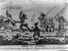 "Shelb---ns sacrifice invented by cruelty, engraved by dishonor," illustration depicts Lord Shelburne watching Natives slaughter loyalists in America, published in London circa 1783