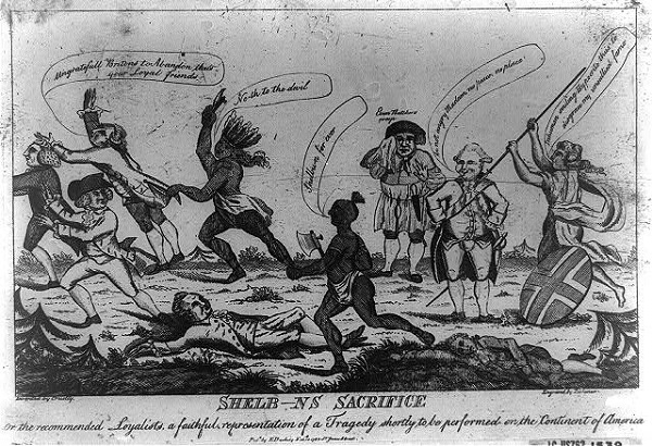 "Shelb---ns sacrifice invented by cruelty, engraved by dishonor," illustration depicts Lord Shelburne watching Natives slaughter loyalists in America, published in London circa 1783