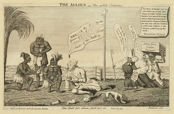 The allies – A Splendid Pair, illustration by John Almon showing King George III sharing a bone with a Native, published circa 1780