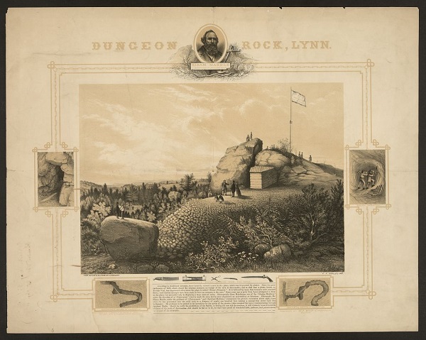 Illustration of Hiram Marble's excavation at Dungeon Rock, Lynn, Mass, circa July 1860