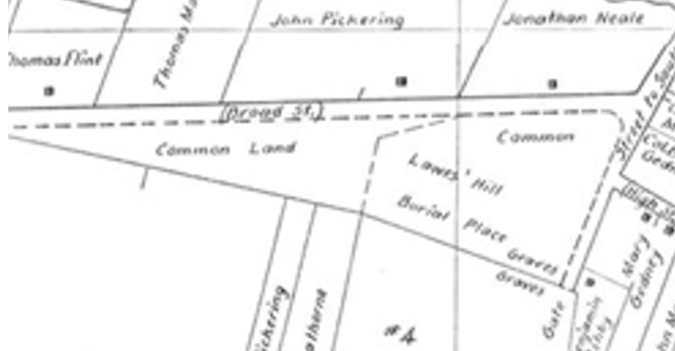 Broad Street Cemetery on a map of Salem in 1700
