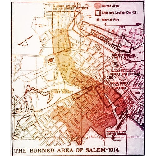 Map of the burned areas of the Great Salem Fire of 1914
