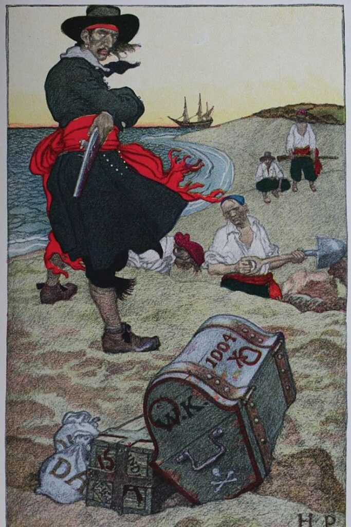 Captain Kidd burying treasure, illustration published in Howard Pyle's Book of Pirates, circa 1921