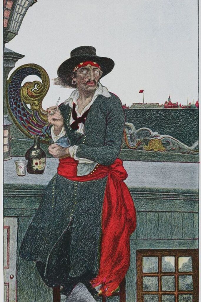 Captain Kidd on a ship in New York harbor, illustration published in Howard Pyle's Book of Pirates, circa 1921