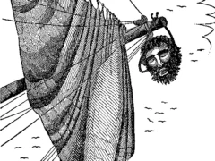 Illustration of Blackbeard's head on the end of the bowsprit. Published in The Pirates Own Book in 1837.