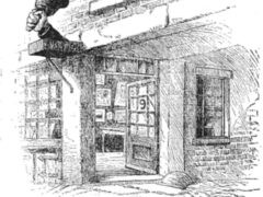Illustration of the Bell In Hand Tavern. Published in the American Illustrated Magazine in 1886.